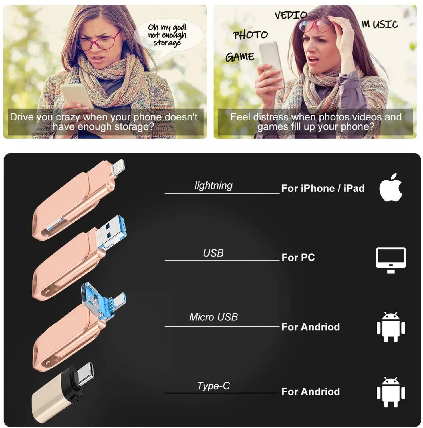 Usb 256 ГБ 3 в 1 USB флеш-накопитель 128 для iPhone/PC/Android ручка серии 0 Memoria Stick с адаптером typc-c