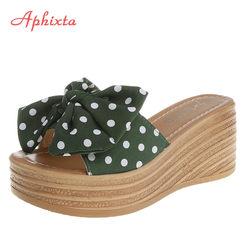 

Aphixta 7cm Platform Wedge Slippers Women Shoes Butterfly-knot Clog Riband Polka Dot Snowflake Fabric Bow Flip Flop Light Slide