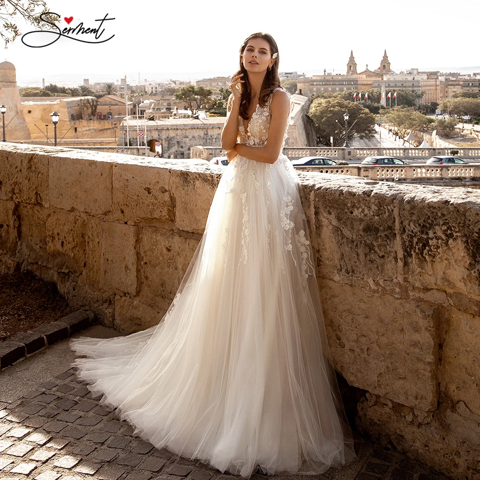 

Роскошное Свадебное платье BAZIIINGAAA из шелковистой органзы с v-образным вырезом и открытой спиной без рукавов, кружевное свадебное платье с по...