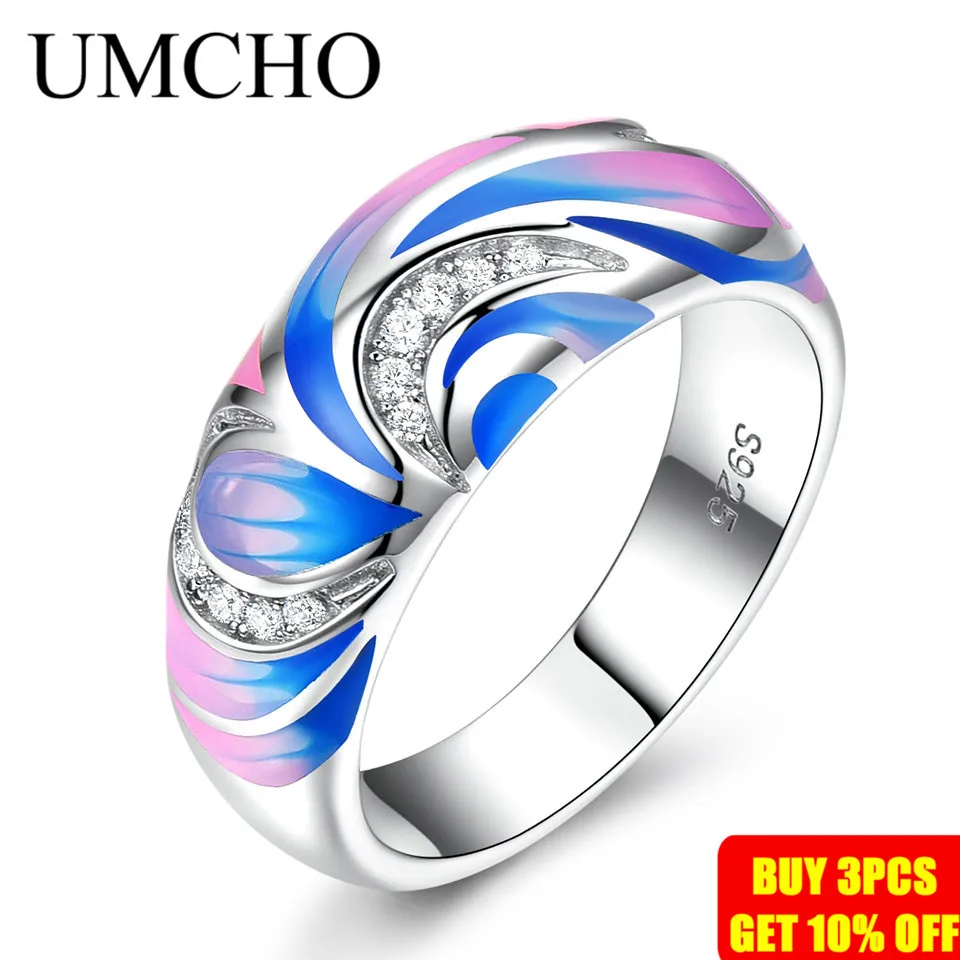 UMCHO, 925 пробы, серебряные кольца для женщин, вечерние ювелирные изделия с цветком, разноцветные, эмалированные, ручной работы, вечерние, свадебные кольца, хорошее ювелирное изделие