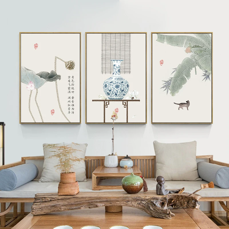 Китайская чернильная ваза с лотосом холст каллиграфией картина цветок лист