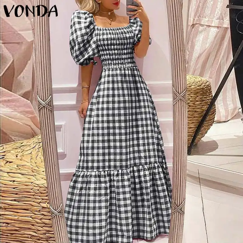 

VONDA Bohemian Women Casual Loose Square Collar Plaid Robe Long Maxi Dresses Short Sleeve Vestidos Vintage A-Line Party Sundress