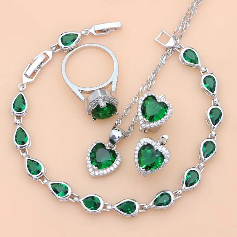 

925 Silver Bridal Jewelry Sets Green Cubic zirconia White CZ For Women Weeding Earrings Pendant Rings Bracelet Necklace Set