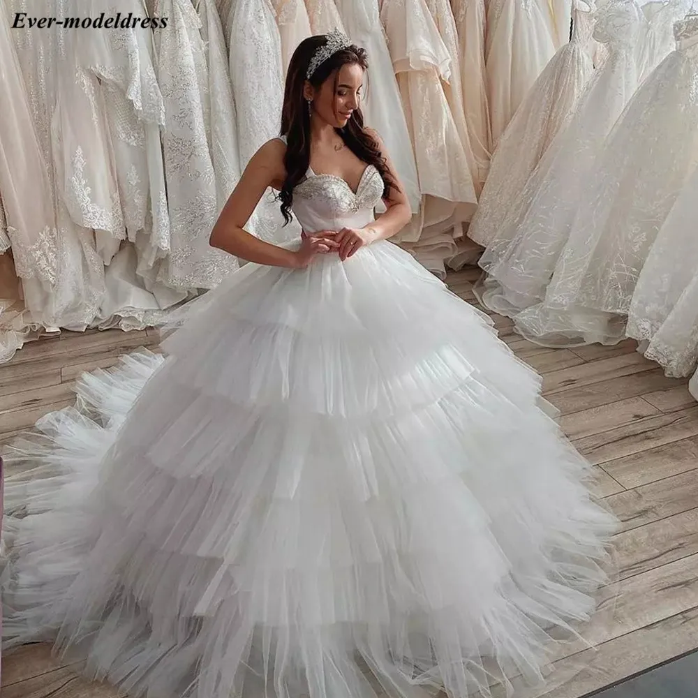 

Princess Ball Gown Wedding Dresses Sleeveless Sweetheart Beading Tiered Skirt Corset Back Tulle Vestidos De Noiva Robe De Mariee