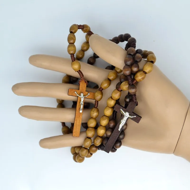 Овальные деревянные четки кулон с крестом Иисуса ожерелье католицизма модные