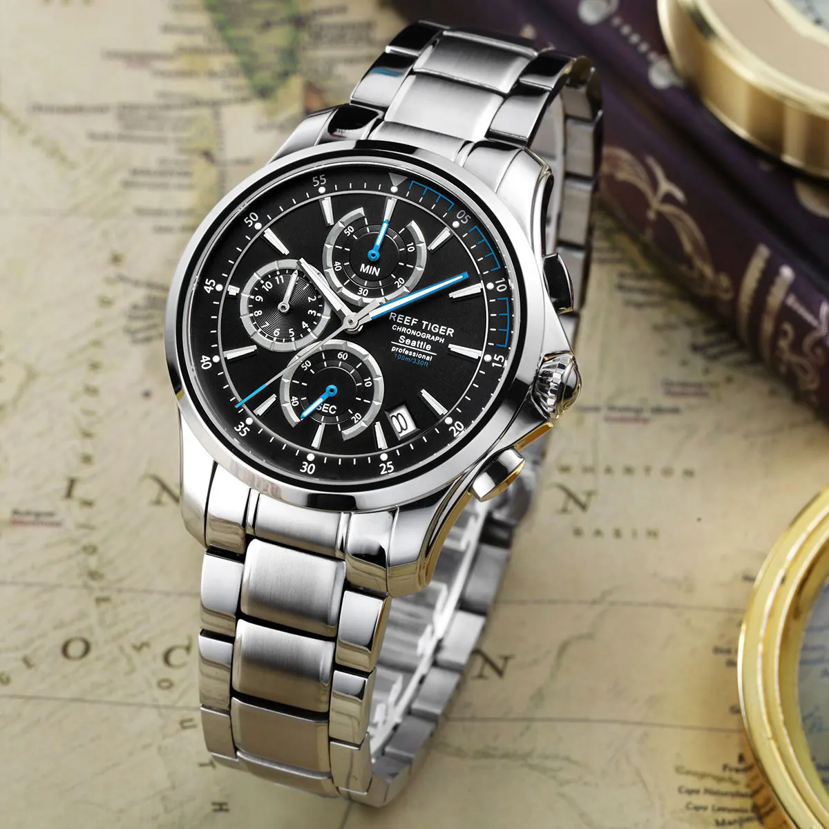 Часы мужские кварцевые с хронографом водонепроницаемые сапфировым стеклом -