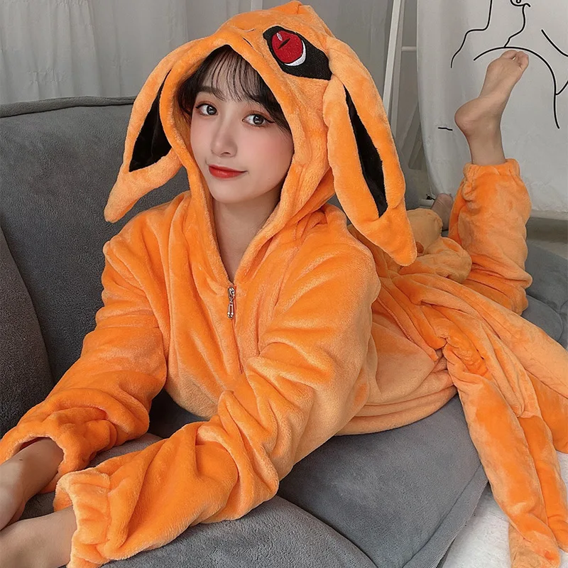 Anime Cosplay Kurama Nine Tailed Fox Pajamas Unisex Halloween Costumes Flannel Home Sleepwear Jumpsuits Party Nightgown Suit