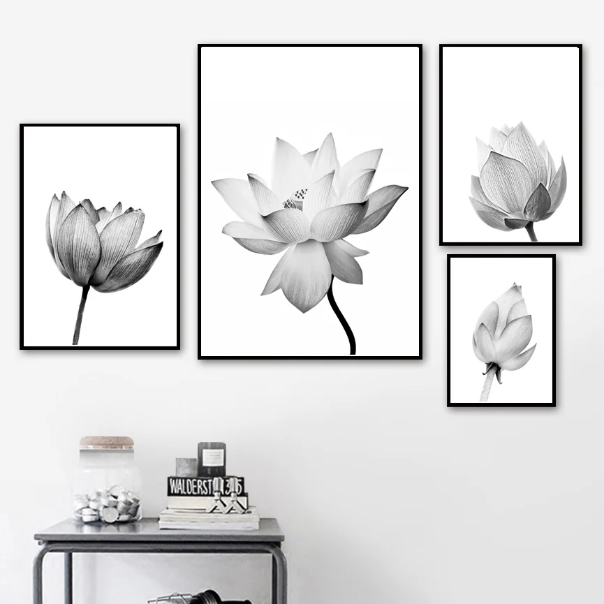 

Lotus Flower Bud Wall Art Canvas Painting Nordic Modern Simple Poster Black and White Pictures for Summer Room Decor Mural
