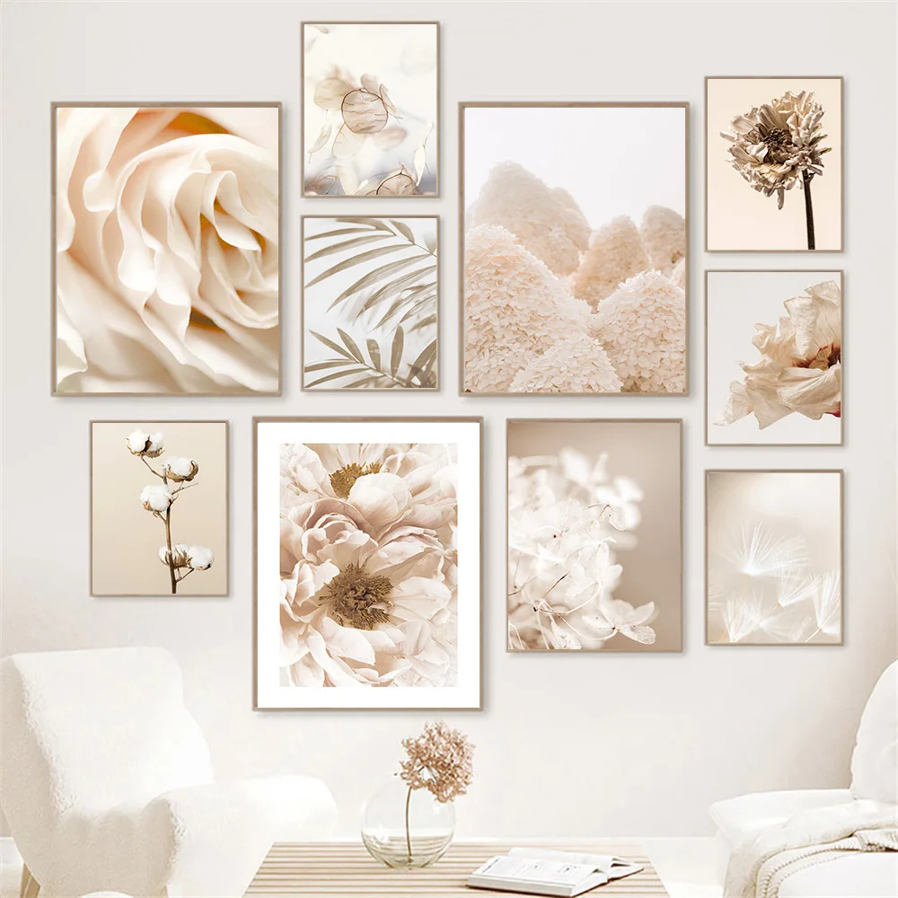 

Nordic Leaf Flower Plant Poster Rose Art Print Beige Blooming Wall Art Canvas Painting Modern Pictures Living Room Home Decor