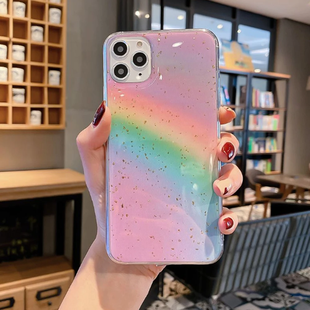 Мягкий силиконовый чехол для iphone 11 XR X XS Max блестящий Радужный Pro 8 7 6 6sPlus SE с золотой