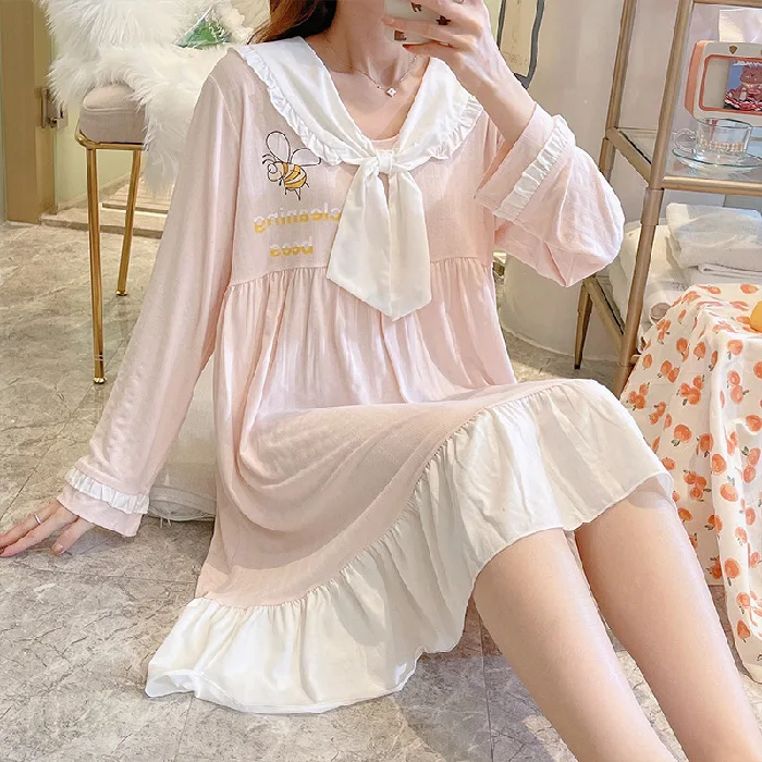 2021 Spring New Nightdress Combed Cotton Korean Pure Color Sweet Lovely Pullover Long Sleeve Housewear Sleepwear Women