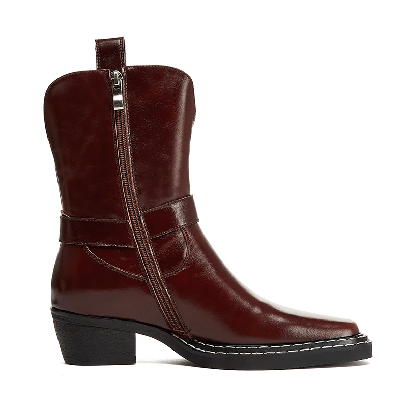 Beli Dovereiss Sepatu Bot Tumit Chunky Kulit Asli Ritsleting Burgundy Baru Elegan Coklat Warna Murni Seksi Baru Musim Dingin Fashion 41 42