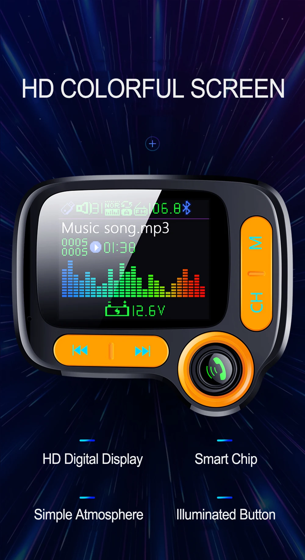 JINSERTA QC3.0, зарядное устройство, режим эквалайзера, автомобильный Bluetooth 5,0, fm-передатчик, громкая связь, 1,77 дюймов, TFT цветной экран, автомобильный комплект, поддержка AUX/TF/U диска