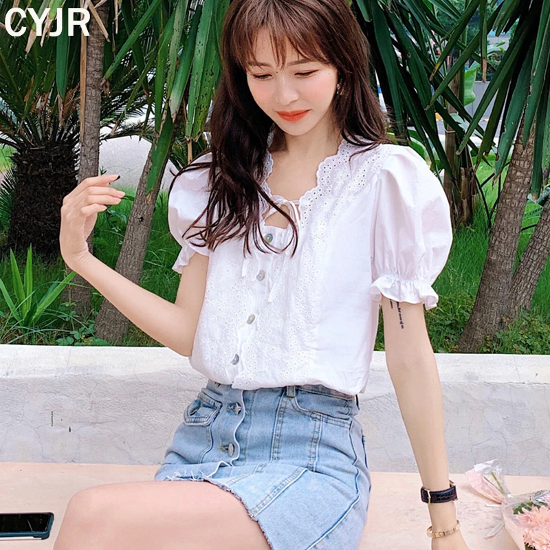 

Fashion Hollow Out Square Collar Summer Women Blouse 2021 Sweet Backless Top Lace-up Casual Puff Short Sleeve White Blusas