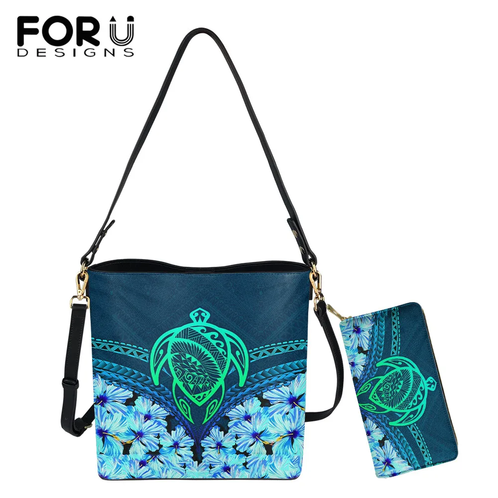 

FORUDESIGNS Polynesia Tribe Turtle Style Women Bucket Bag And Wallet Pu Set Female Casual Shoulder Bag Ladies Large Capacity Sac