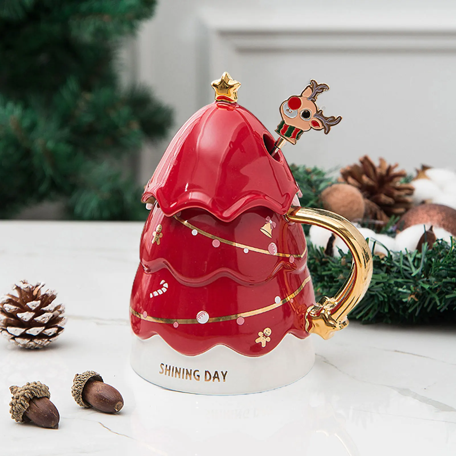 

Creative 3D Christmas Tree Mug With Lid Milk Cup Anti-scalding Ceramics Coffee Cup Milk Juice Cup Children's Christmas Gift