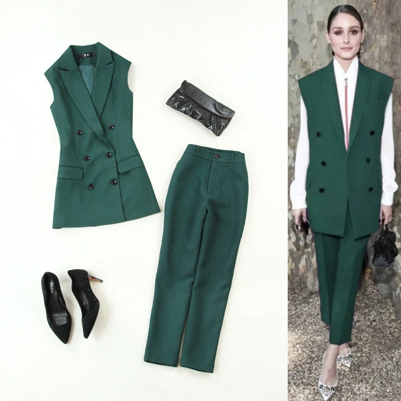 Large size women's high-quality spring and summer new dark green suit collar vest + small straight leg pants OL suit  women set