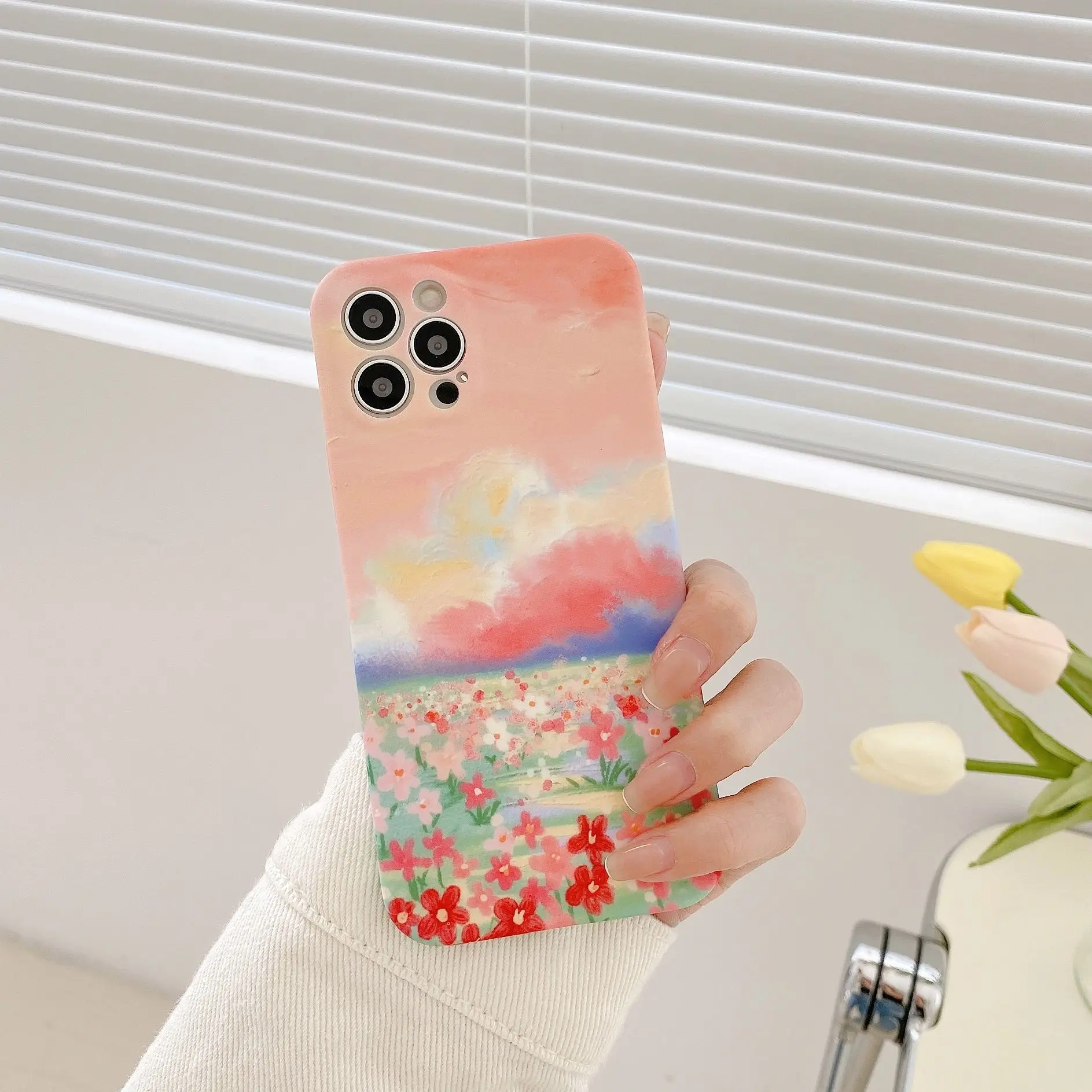 

Retro Sweet Sunset glow summer Flowers Painting Phone Case For iPhone 11 12 Pro Max Xs Max XR Xs 7 8 Plus 7Plus case Cute Cover