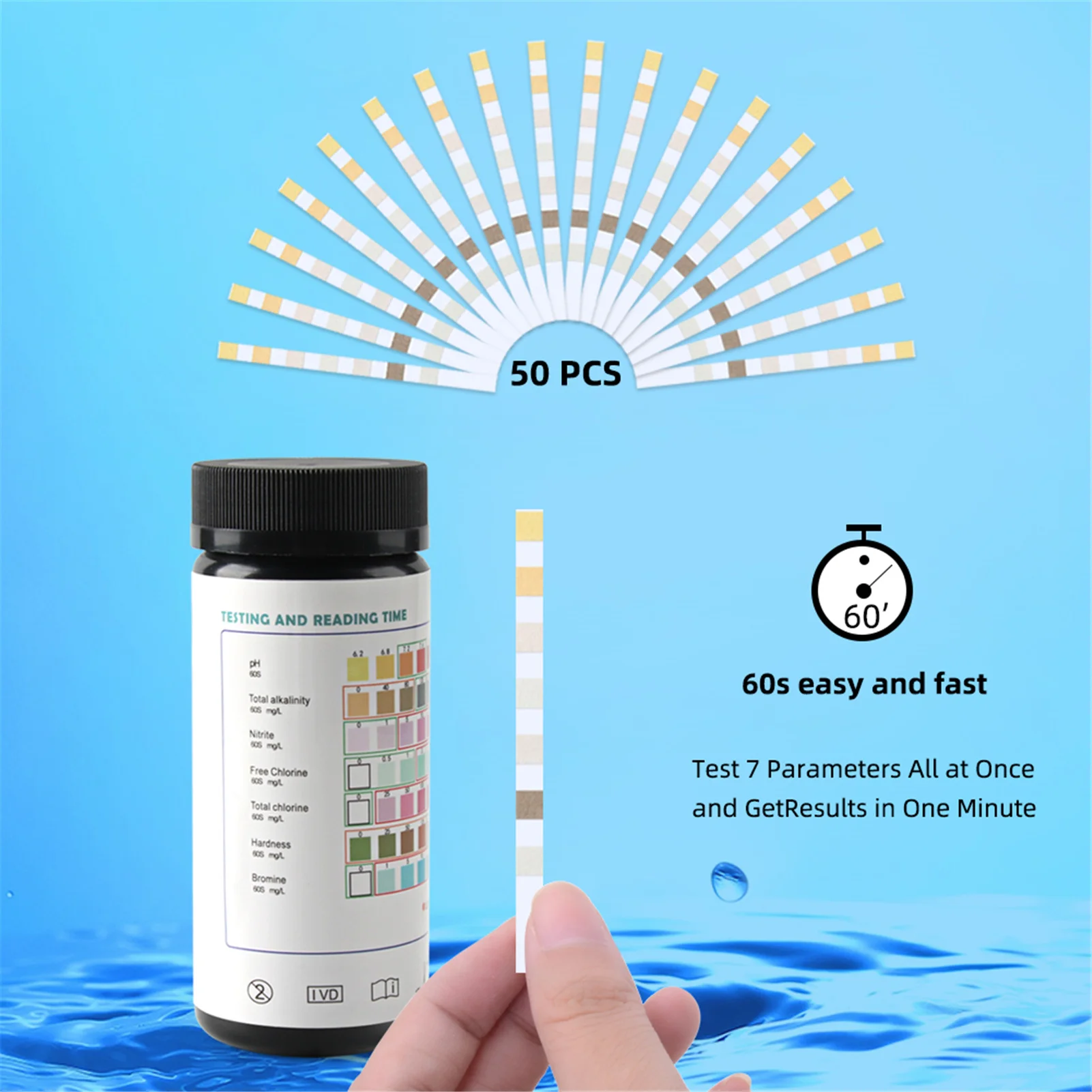 

7-in-1 Test Strips Spa and Pool Test Strips Tester Testing Kit for Total Hardness total Chlorine Free Chlorine Bromine pH