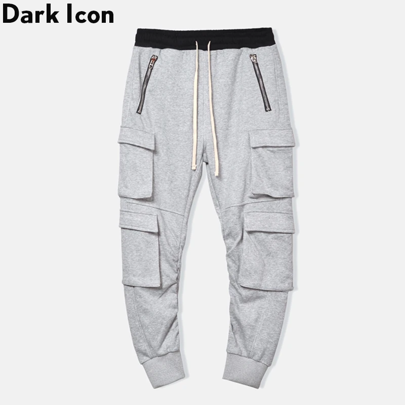 Темные значки боковые карманы Карго пот брюки для мужчин эластичный пояс шнурок