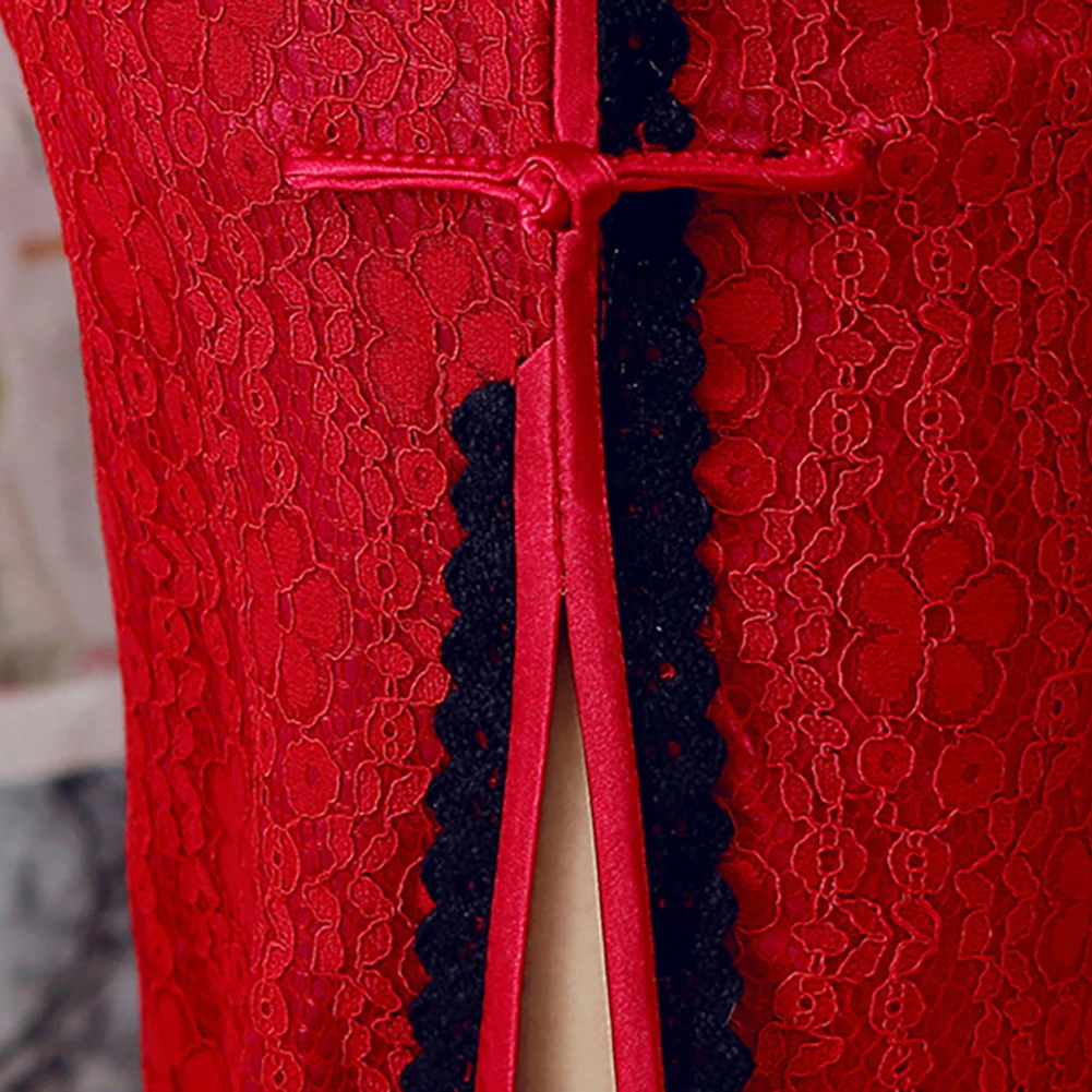 

Chinese Traditional Costumes Women Short Sleeve Lace Slit Hem Chinese Cheongsam Banquet Midi Bodycon Dress