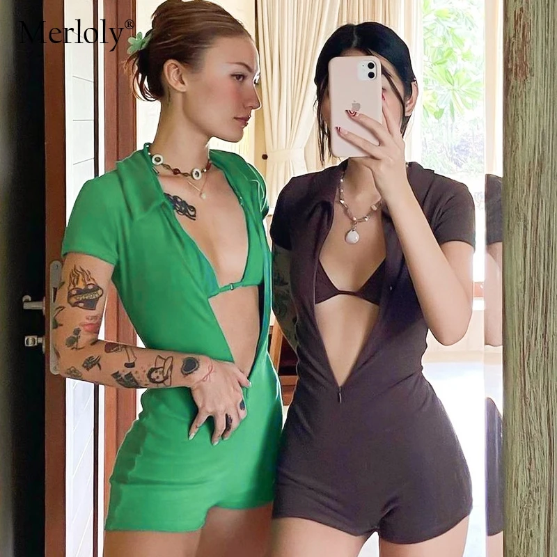 

Female Jumpsuit Solid Color Overalls for Women Summer Skinny Casual Zipper Shorts Sleeve Bodycon Romper Womens Playsuit Outfits