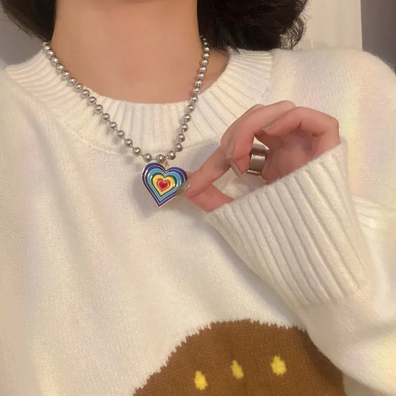 

2021 Rainbow Heart Round BeadsClavicle Chain Necklace For Women Jewelry