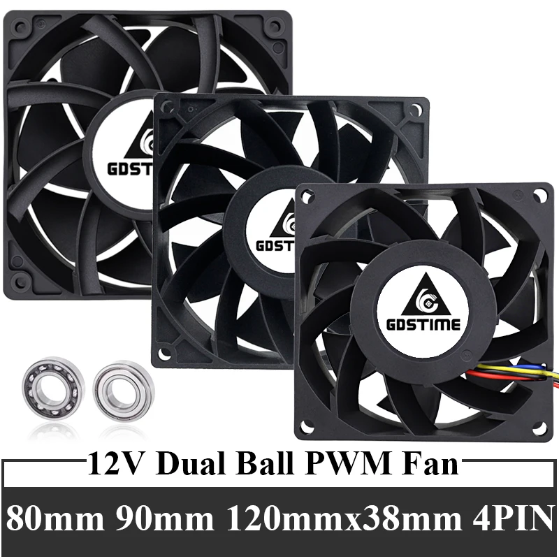 Gdstime 80mm 90mm 120mm x 38mm Cooling FG PWM Fan 4PIN Dual Ball Big Airflow For Workstation PSU Server Inverter Chassis Cabinet