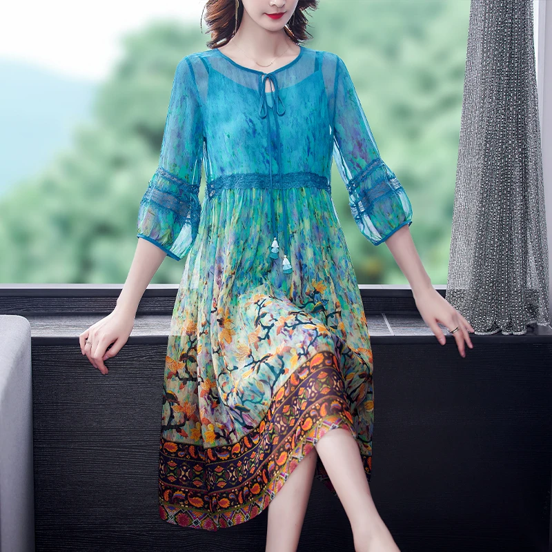 

2022 Spring Boho Blue Floral Silk Midi Dress Summer Casual Loose 4XL Plus Size Beach Dress Women Elegant Bodycon Party Vestidos