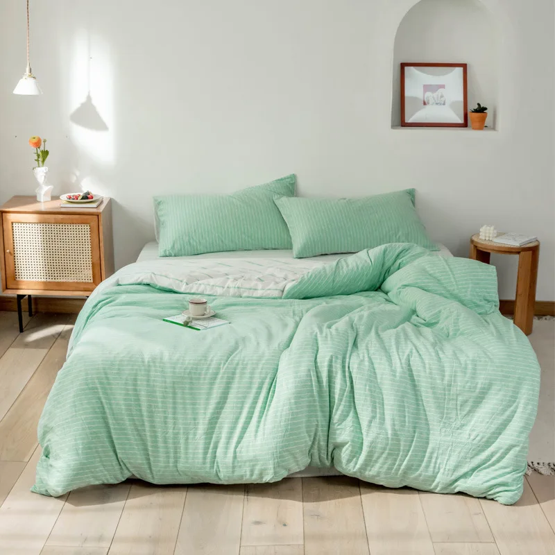 

Japanese Style Non-printed Knitted Cotton Tianzhu Cotton Household 4pcs Cotton Striped Duvet Cover Sheet Girl Princess Style