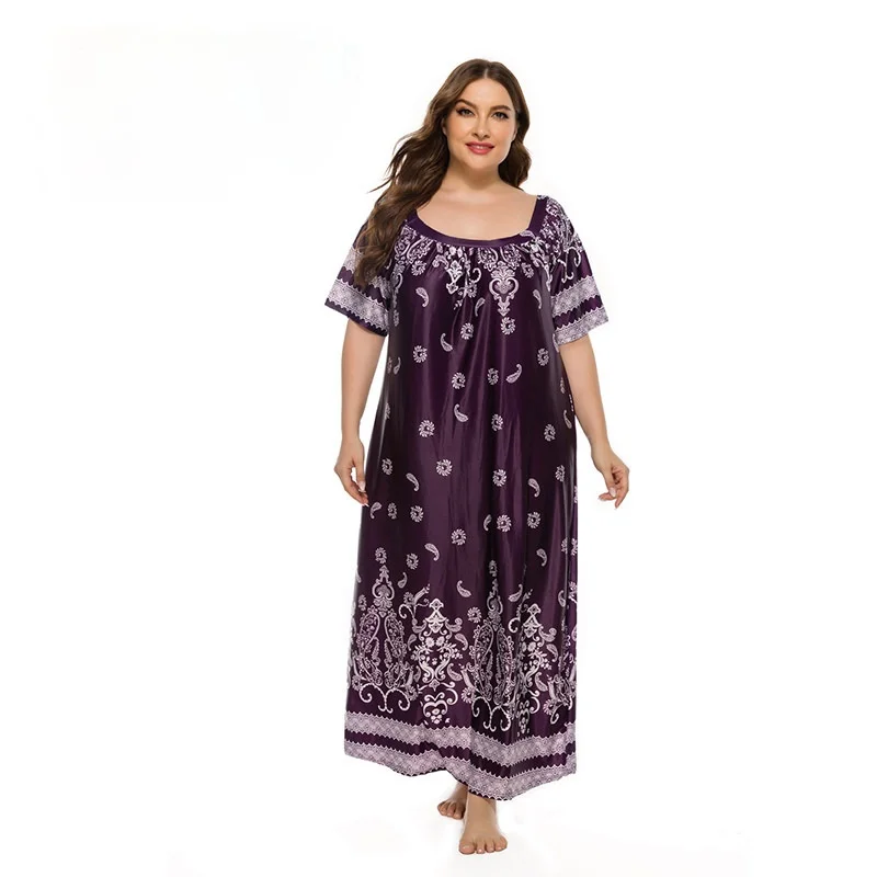 

Soft Retro Print Night Dress Loose Home Wear Nightdress Short Sleeve Long Maxi Dresses for Women T2036