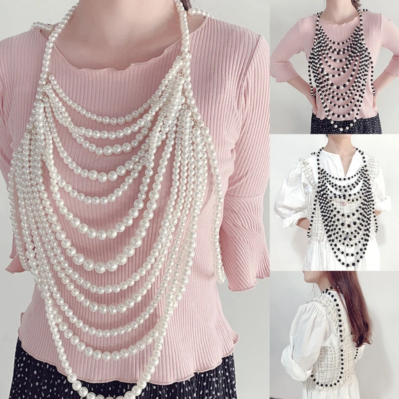 

Women Faux Imitation Pearls Beaded Body Chain Bib Collar Necklace Women Jewelry F42F