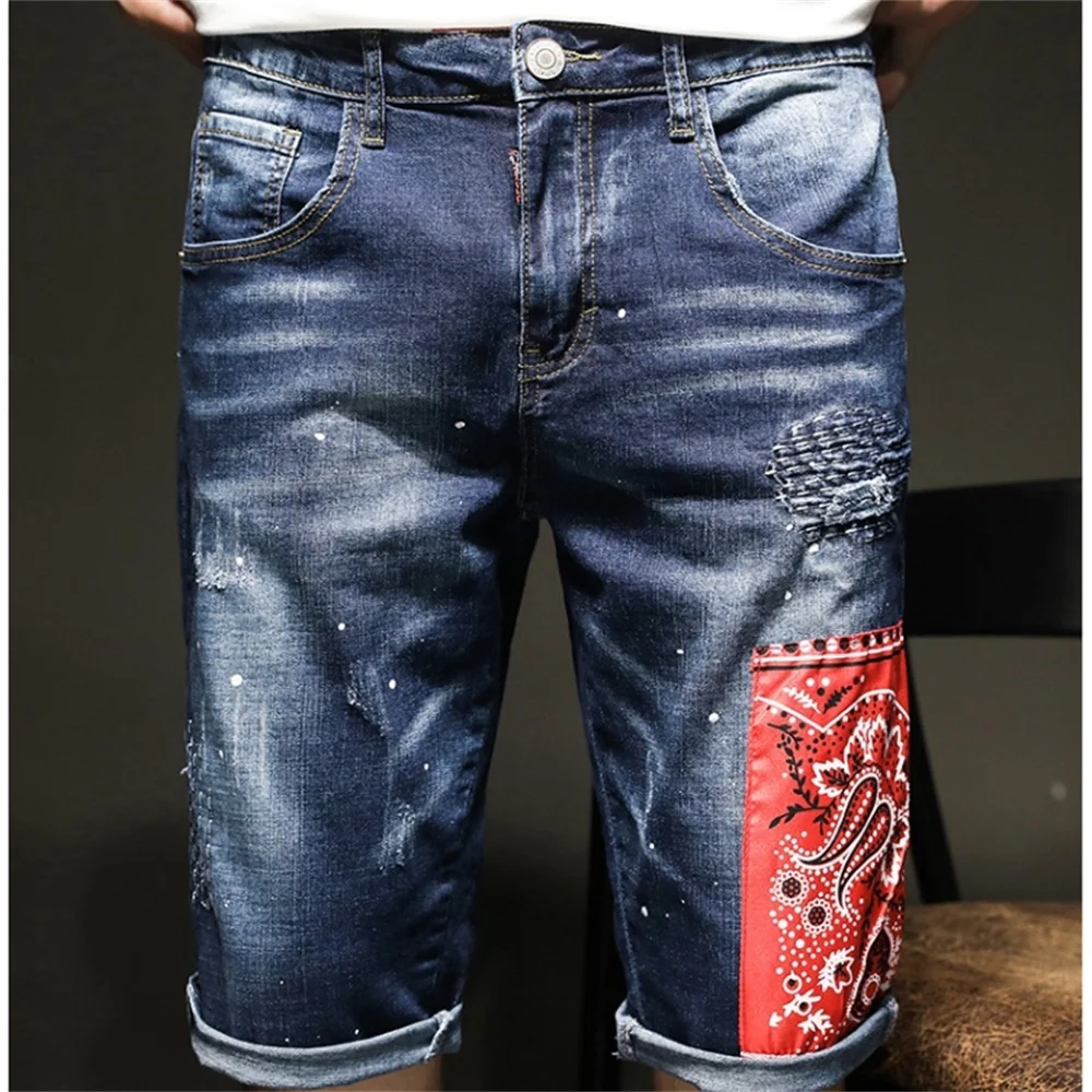 EH·MD® Denim Shorts Men's Painted Pendant Decorate Broken Micro Chapter Embroidery Five-Point Pants Pure Cotton Slim Breathable