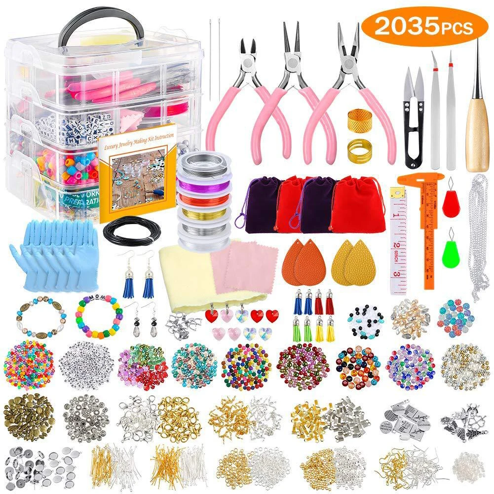 

Jewelry Making Supplies Kit Earring DIY Set With Beads Pliers Beading Wire For Necklace Bracelet Earrings 2035PCS