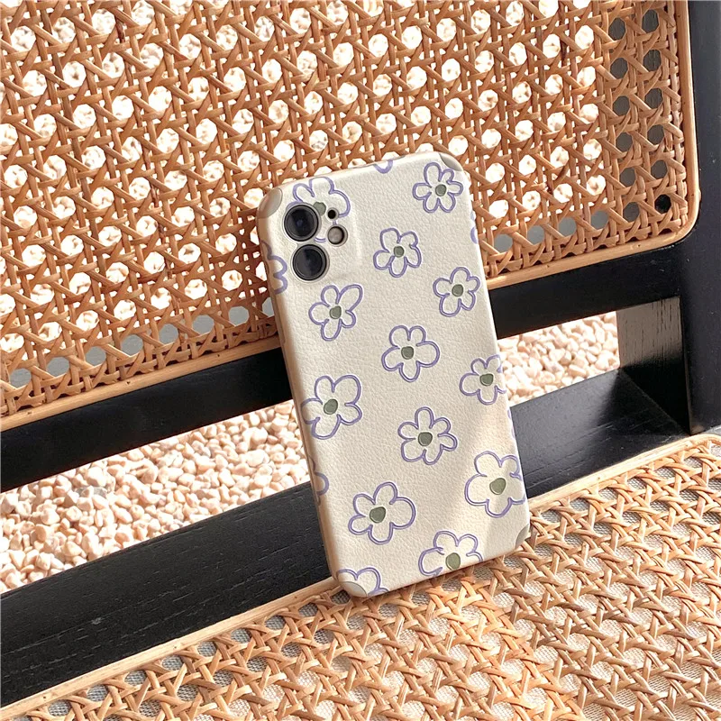 

Small Fresh Blue white Flowers Phone Case for iPhone 12 11pro X XR XS Max 7 8plus SE 2020 Matte Leather Soft Shell Simple Case