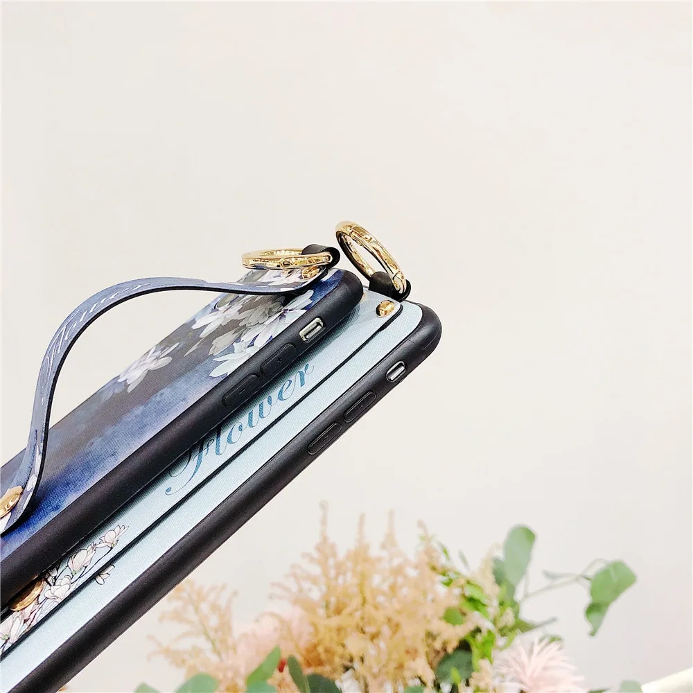Ремешок Кольцо телефон чехлы для iPhone X XS MAX XR новый цветок Мягкие TPU черная крышка 6