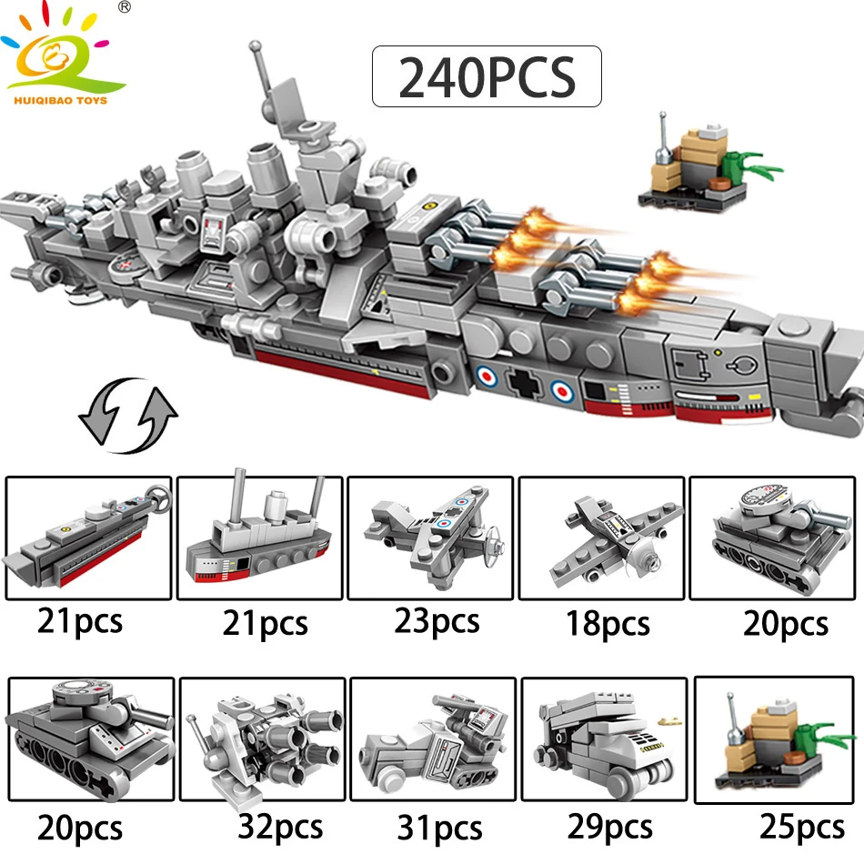 Игрушки HUIQIBAO 240 шт. 10в1 Военный мини-корабль темно-синего цвета строительные блоки
