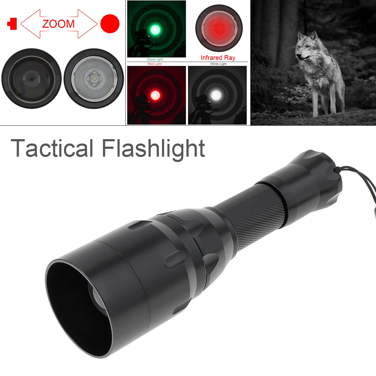 

C16 Zoomable Focus Adjustable 1500 Lumens XPE Red Green White Infrared Light 850nm LED Range Radiation Tactical Flashlight