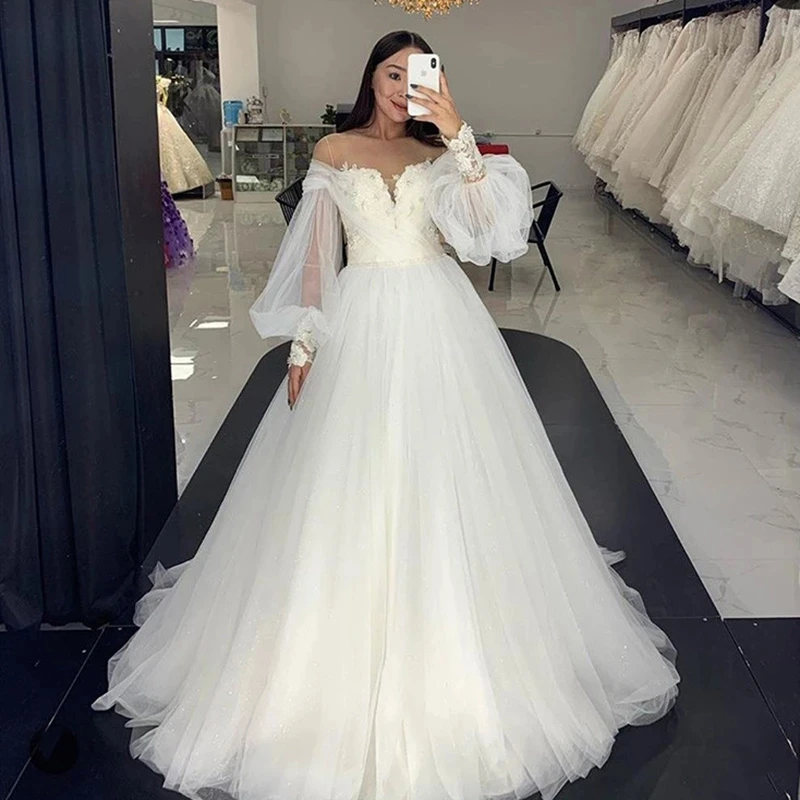 

Princess Long Puffy Sleeve Wedding Dresses Sheer Neck Applique Lace Tulle A Line Bridal Gowns 2021 Vestido De Noiva