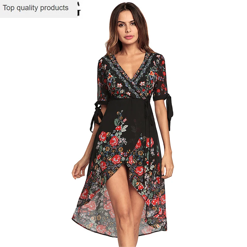 

Женские летние платья 2020, Пляжное шифоновое платье с цветочным принтом в стиле бохо, сексуальное необычное женское платье с V-образным вырез...