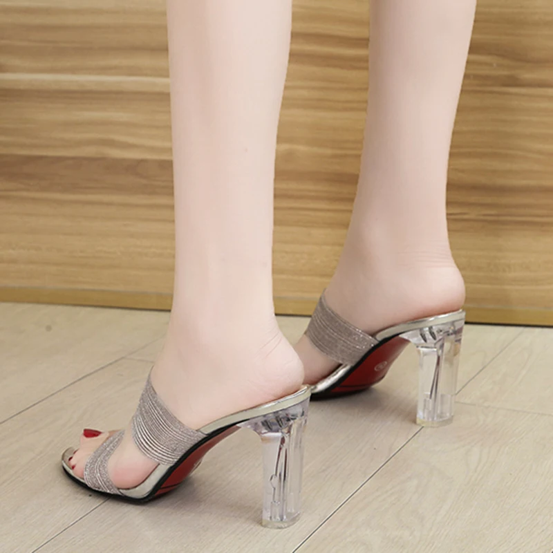 

Rimocy Pink Sequined Cloth Transparent Slippers Women Sandals Sexy Open Toe High Heels Slides Woman Silver Party Shoes Ladies