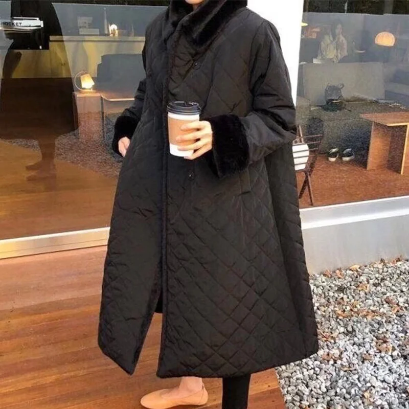 

Корейская шикарная осенне-зимняя плюшевая сшитая ромбовидная однобортная свободная теплая хлопковая куртка средней и длинной длины