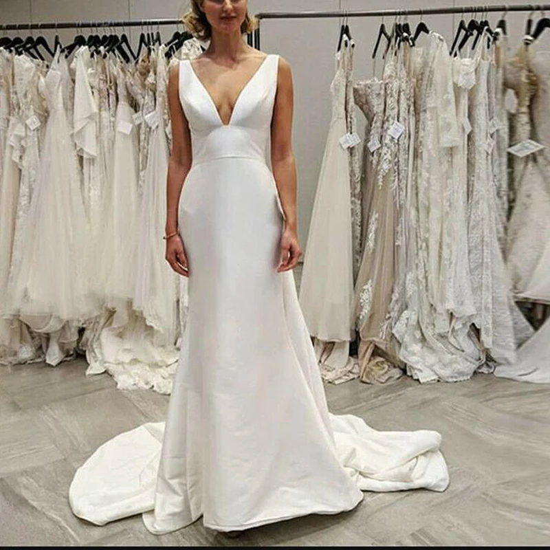 

White Backless Satin Mermaid Wedding Dresses Deep V-neck Simple Boho Wedding Gowns robe de mariee Long Bride Dresses