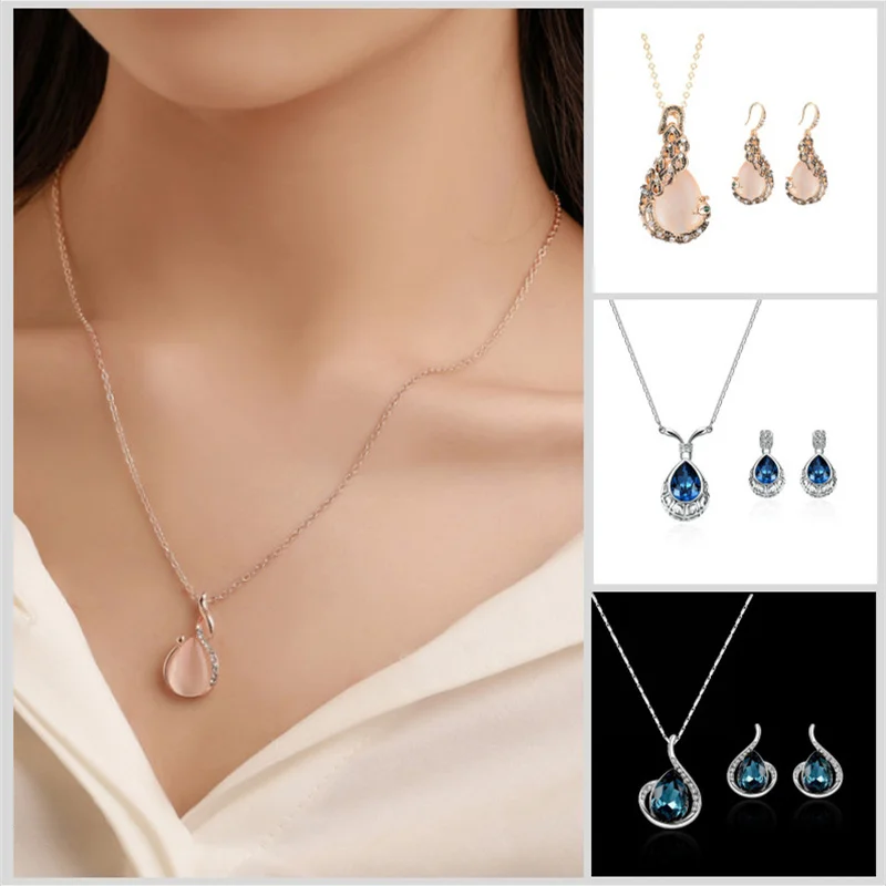

Peacock Gemstone Crystal Opal Necklace Earrings Bridal Jewelry Set for Women Wedding Gift