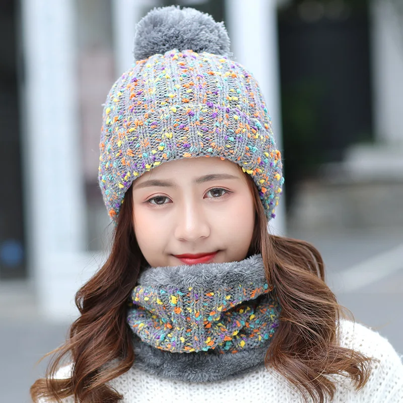 grey Fashion Winter Hat Scarf Set For Women Girl Warm Beanies Cap Lady Ring Scarf Pompoms Winter Hats Knitted Caps Scarf 2 Pieces - Цвет: grey