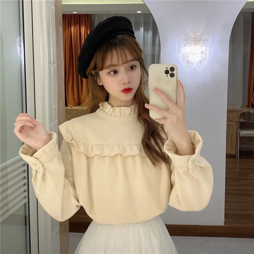

Sweet Style Korean Knitted Sweaters Stand Up Collar Long Sleeve Ruffles Pullovers Fashion Brand Autumn Winter Women's Clothing