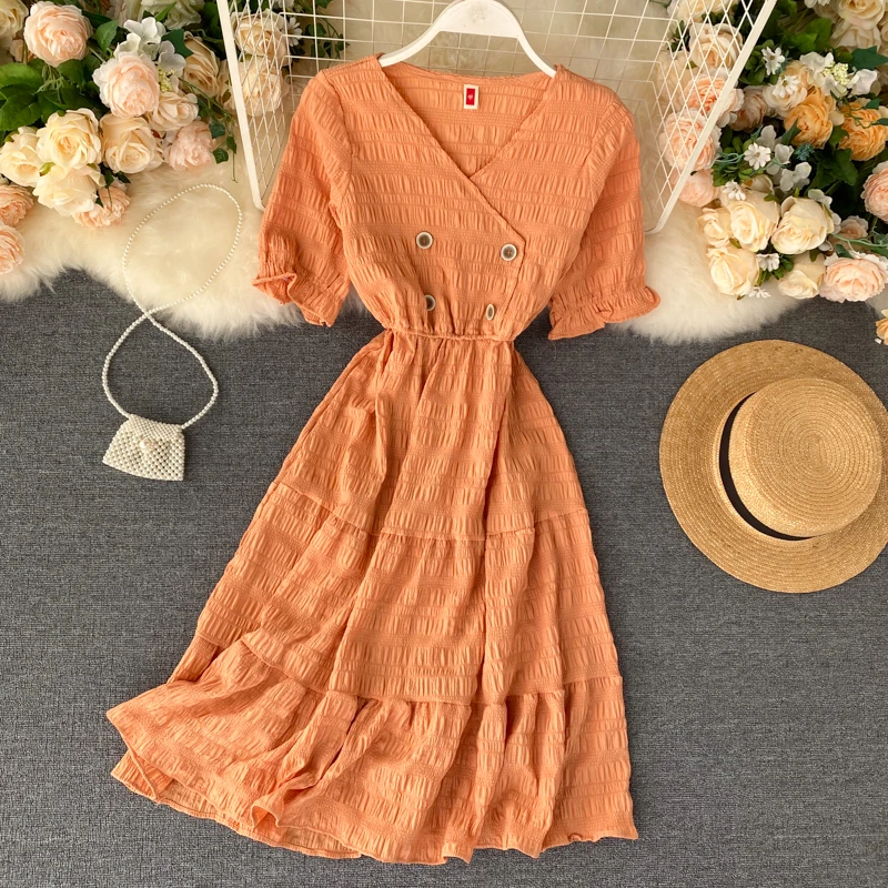 

New Vintage 2020 V Neck Summer Party High Waist Dress Women Knee Length A-Line Dress Button Slim Midi Office Dress