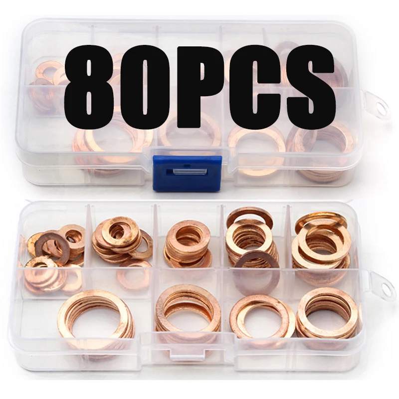 

80PCS/set M6/M8/M10/M12/M14/M16/M18/M20 Solid Copper Crush Washers Spacer Flat Ring Oil Brake Sealing Kit Assorted Gaskets