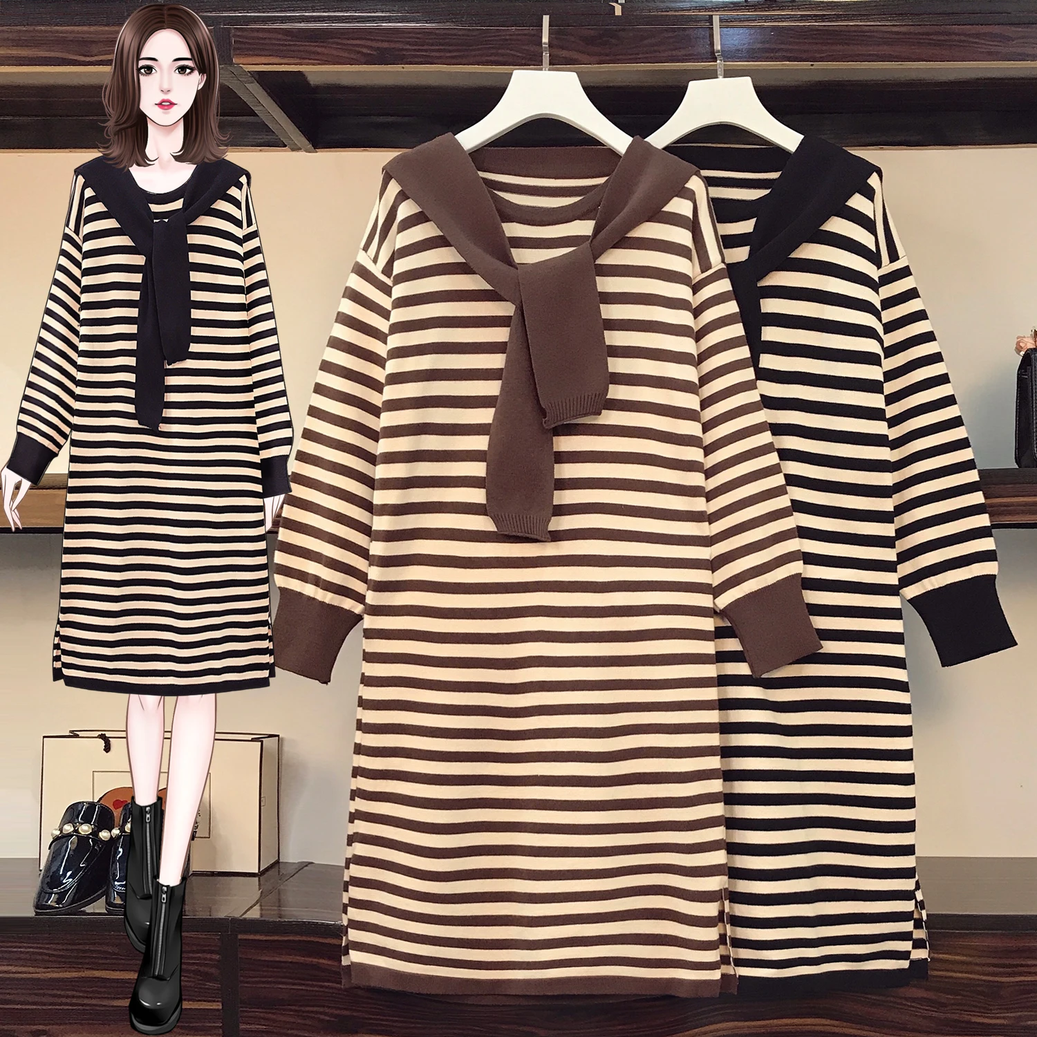 

Vintage Women's Clothing 2022 Spring Autumn Striped T-shirts Loose Fashion Knitted Dress D1471