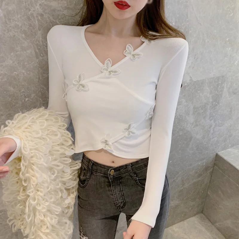 

Jlong Sweet Butterfly Decor T Shirt Korean Long Sleeve V Neck T Shirts Women Bottoming Tops